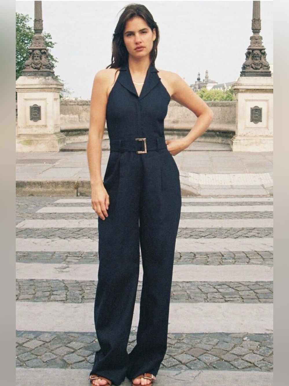 Zara Navy Halter Linen Belted wide leg Jumpsuit pockets Sz  Medium NWT New